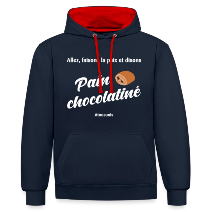 Sweat-shirt à capuche contrasté unisexe - Pain au chocolat Vs Chocolatine - bleu marine/rouge - front