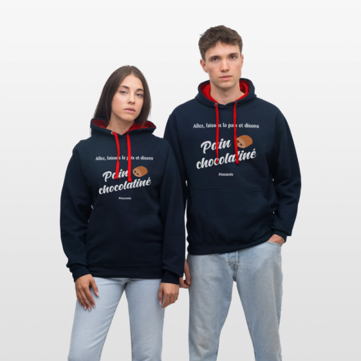 Sweat-shirt à capuche contrasté unisexe - Pain au chocolat Vs Chocolatine - bleu marine/rouge - front