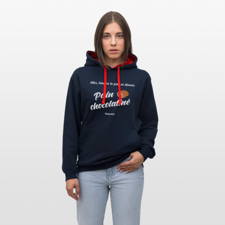 Sweat-shirt à capuche contrasté unisexe - Pain au chocolat Vs Chocolatine - bleu marine/rouge - front