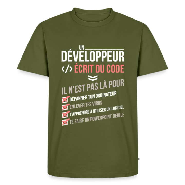 T-shirt premium homme - Un développeur écrit du code - kaki - front
