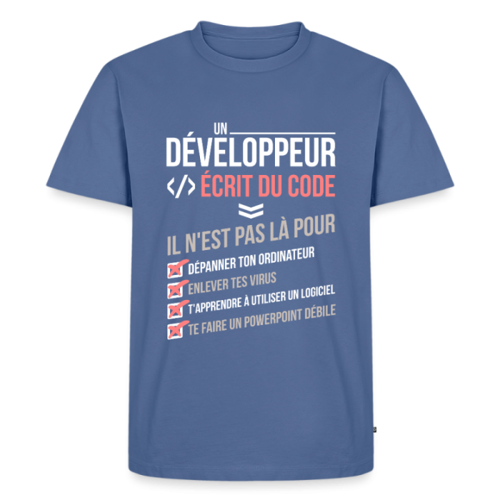 T-shirt premium homme - Un développeur écrit du code - bleu pigeon - front