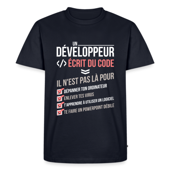 T-shirt premium homme - Un développeur écrit du code - bleu marine - front
