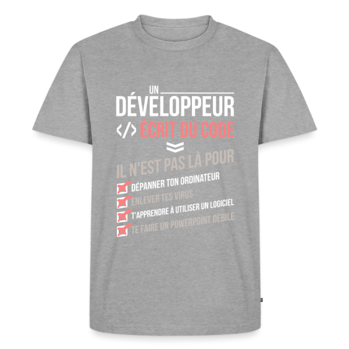 T-shirt premium homme - Un développeur écrit du code - gris chiné - front