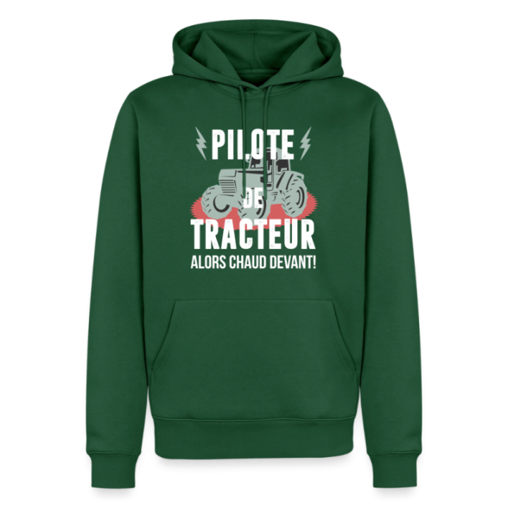 Sweat-shirt à capuche premium homme - Pilote de tracteur - vert bouteille - front