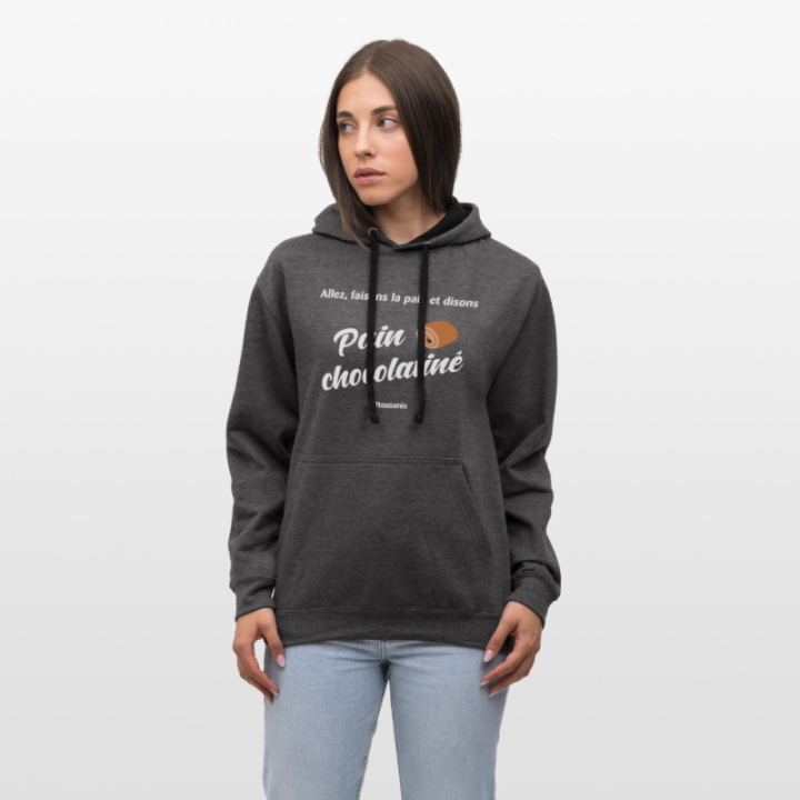 Sweat-shirt à capuche contrasté unisexe - Pain au chocolat Vs Chocolatine - anthracite/noir - front