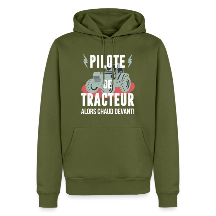 Sweat-shirt à capuche premium homme - Pilote de tracteur - kaki - front
