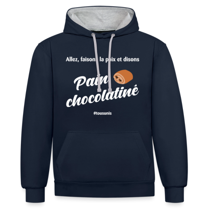 Sweat-shirt à capuche contrasté unisexe - Pain au chocolat Vs Chocolatine - bleu marine/gris chiné - front