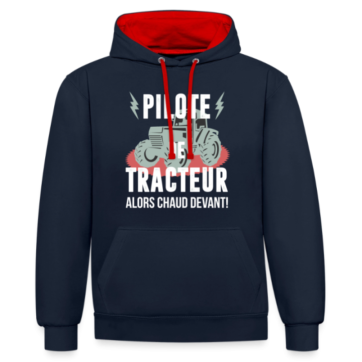 Sweat-shirt à capuche contrasté unisexe - Pilote de tracteur - bleu marine/rouge - front