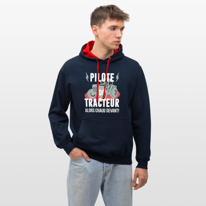 Sweat-shirt à capuche contrasté unisexe - Pilote de tracteur - bleu marine/rouge - front