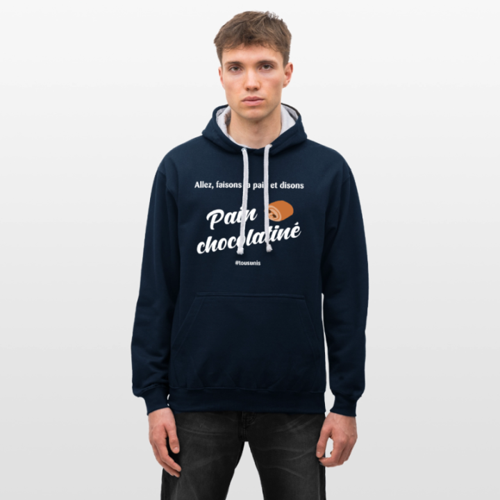 Sweat-shirt à capuche contrasté unisexe - Pain au chocolat Vs Chocolatine - bleu marine/gris chiné - front