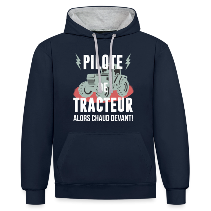 Sweat-shirt à capuche contrasté unisexe - Pilote de tracteur - bleu marine/gris chiné - front