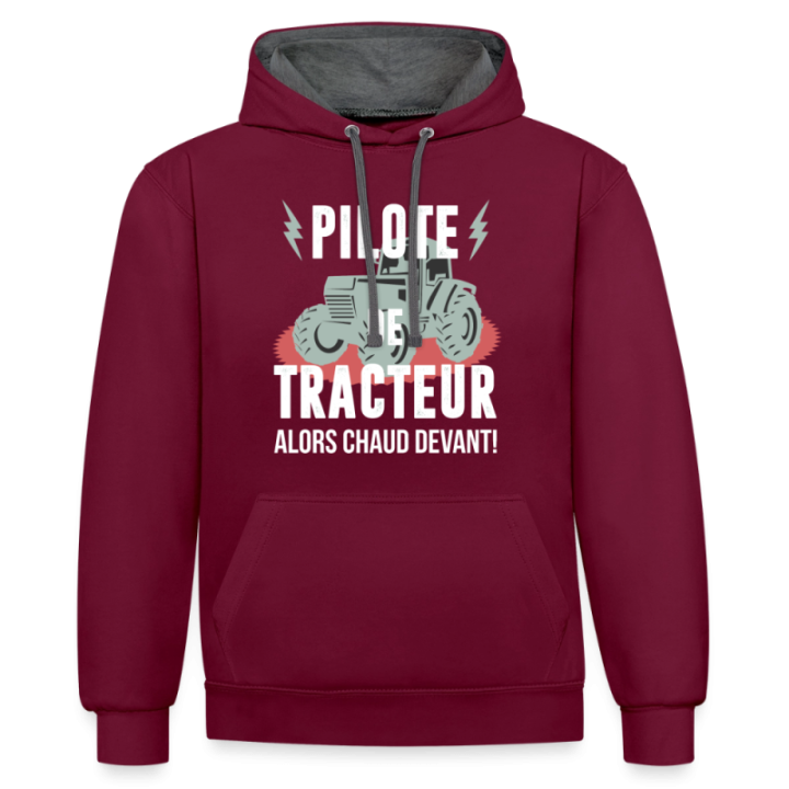 Sweat-shirt à capuche contrasté unisexe - Pilote de tracteur - bordeaux/anthracite - front