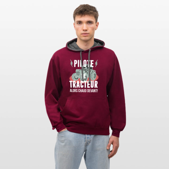 Sweat-shirt à capuche contrasté unisexe - Pilote de tracteur - bordeaux/anthracite - front