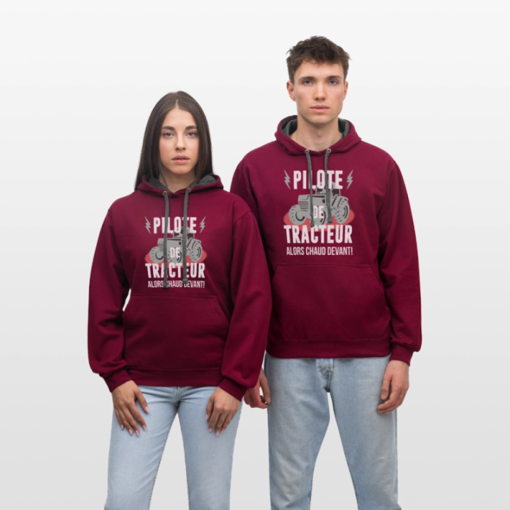 Sweat-shirt à capuche contrasté unisexe - Pilote de tracteur - bordeaux/anthracite - front