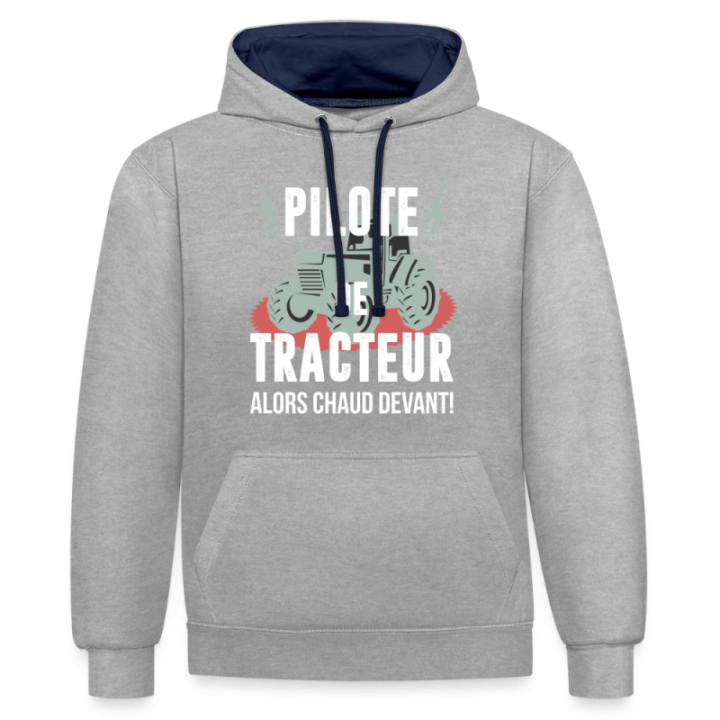 Sweat-shirt à capuche contrasté unisexe - Pilote de tracteur - gris chiné/bleu marine - front