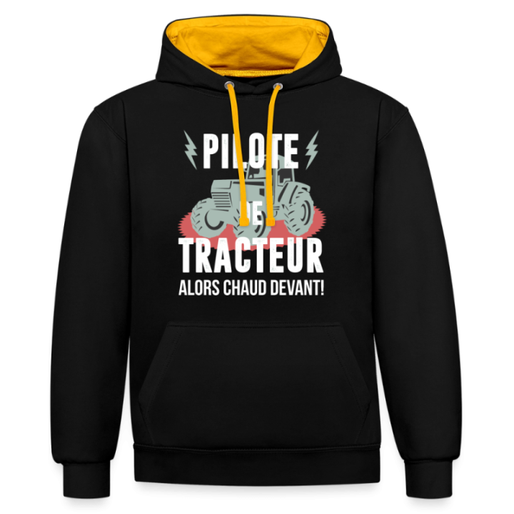 Sweat-shirt à capuche contrasté unisexe - Pilote de tracteur - noir/or - front