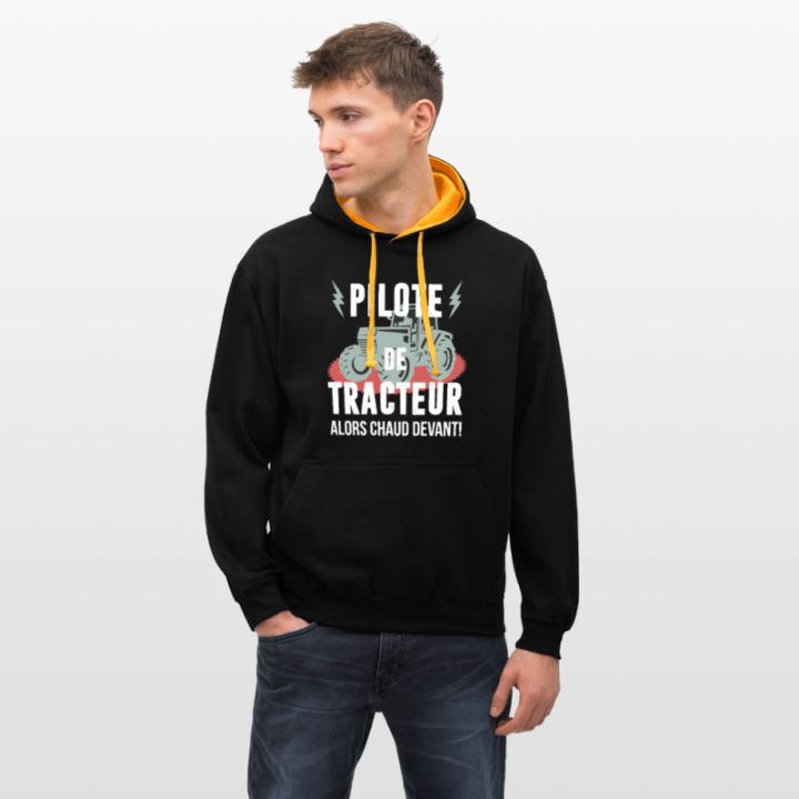 Sweat-shirt à capuche contrasté unisexe - Pilote de tracteur - noir/or - front