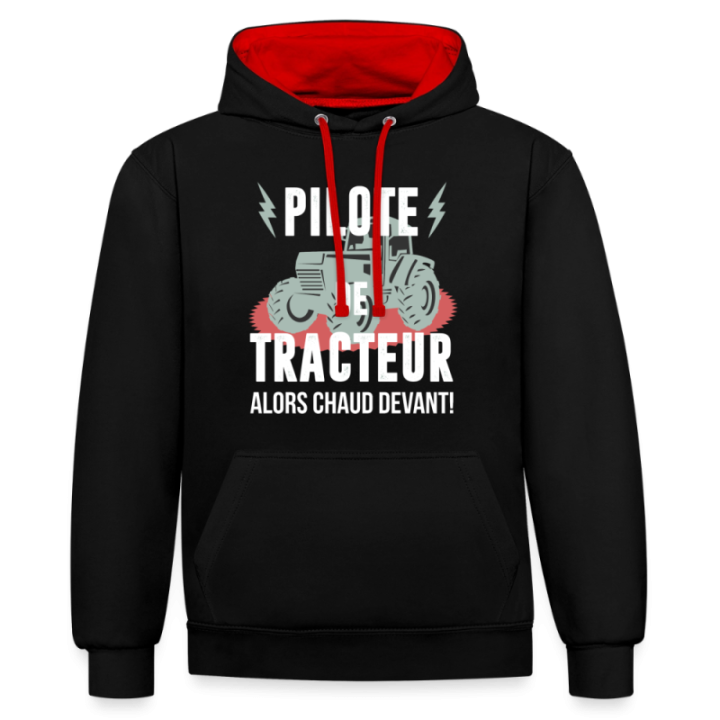Sweat-shirt à capuche contrasté unisexe - Pilote de tracteur - noir/rouge - front