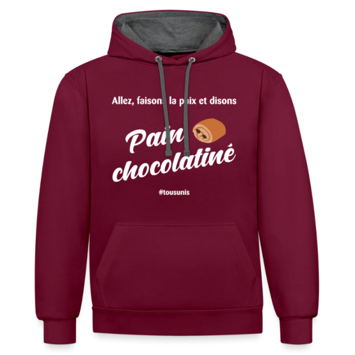 Sweat-shirt à capuche contrasté unisexe - Pain au chocolat Vs Chocolatine - bordeaux/anthracite - front