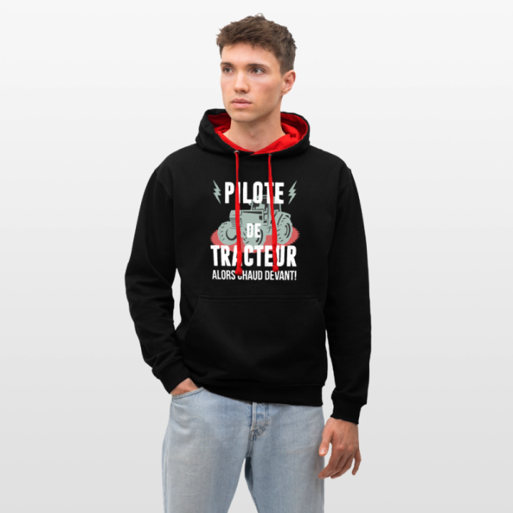 Sweat-shirt à capuche contrasté unisexe - Pilote de tracteur - noir/rouge - front