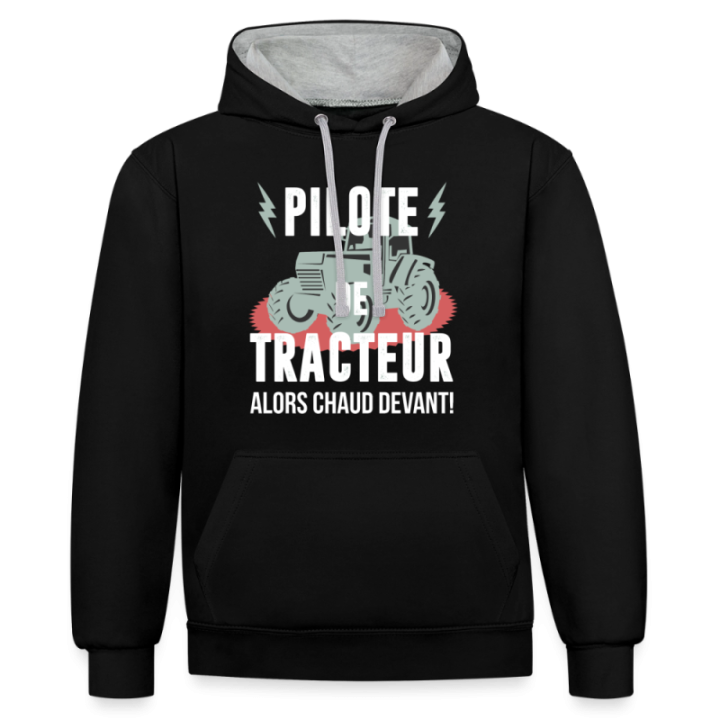 Sweat-shirt à capuche contrasté unisexe - Pilote de tracteur - noir/gris chiné - front
