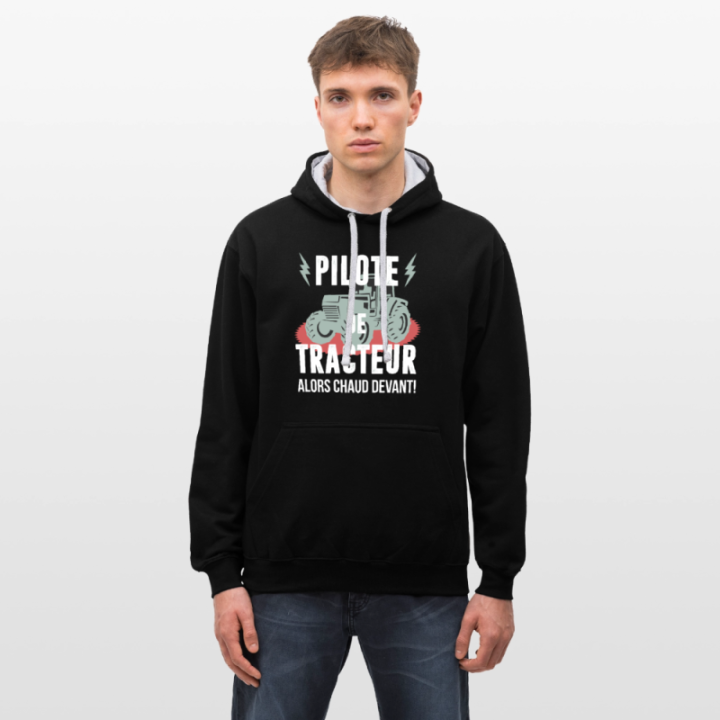 Sweat-shirt à capuche contrasté unisexe - Pilote de tracteur - noir/gris chiné - front