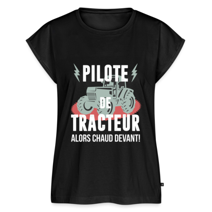 T-shirt à manches retroussées femme - Pilote de tracteur - noir - front
