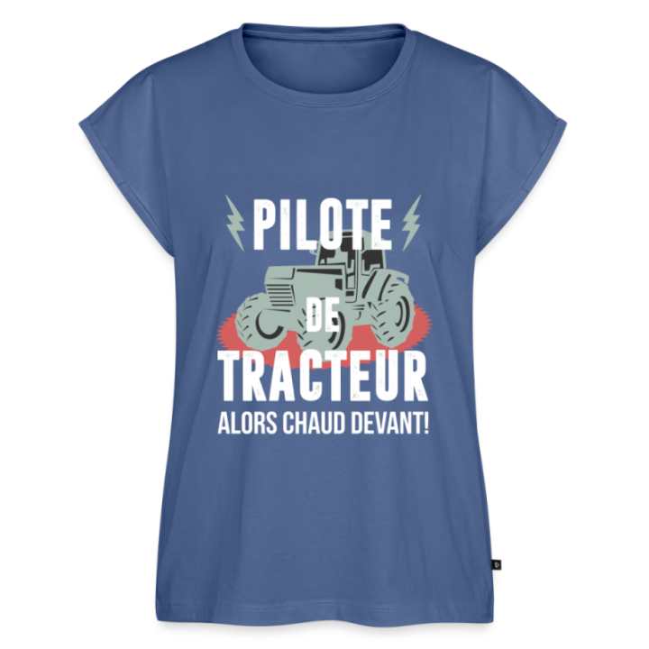 T-shirt à manches retroussées femme - Pilote de tracteur - bleu pigeon - front