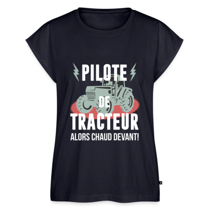 T-shirt à manches retroussées femme - Pilote de tracteur - bleu marine - front