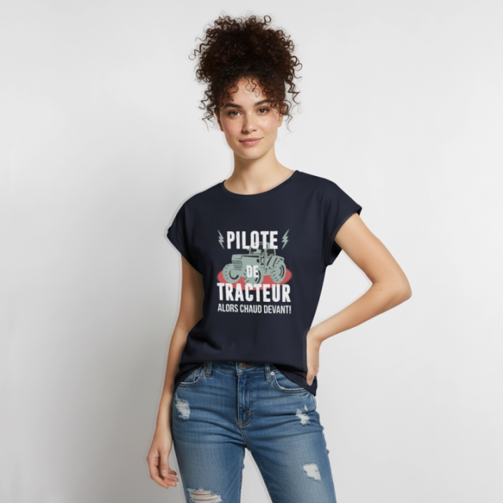 T-shirt à manches retroussées femme - Pilote de tracteur - bleu marine - front