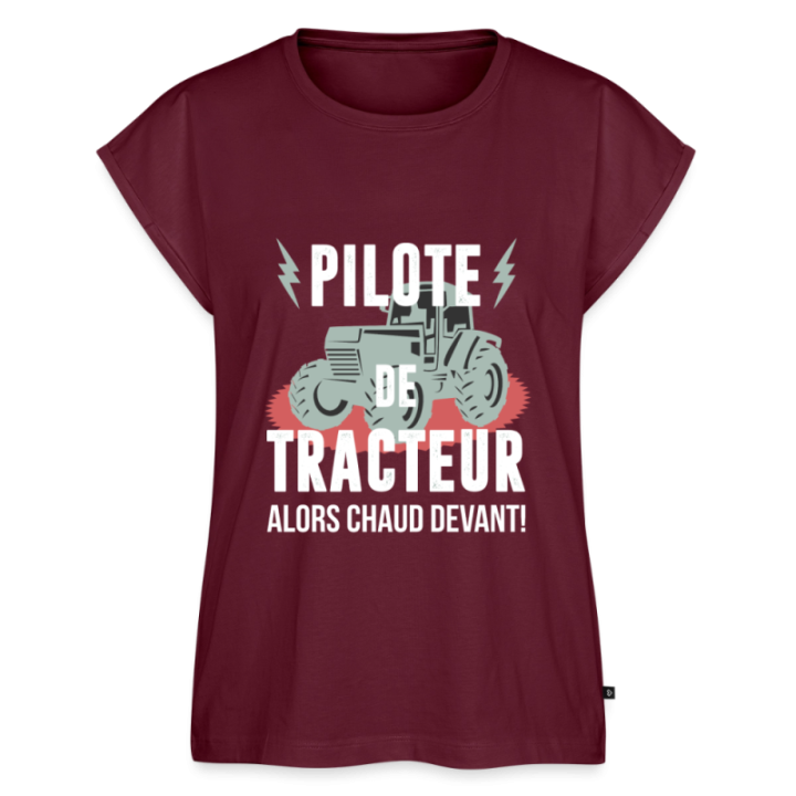 T-shirt à manches retroussées femme - Pilote de tracteur - bourgogne - front