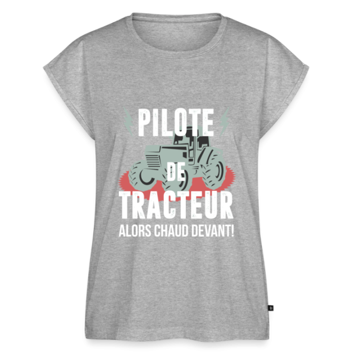 T-shirt à manches retroussées femme - Pilote de tracteur - gris chiné - front