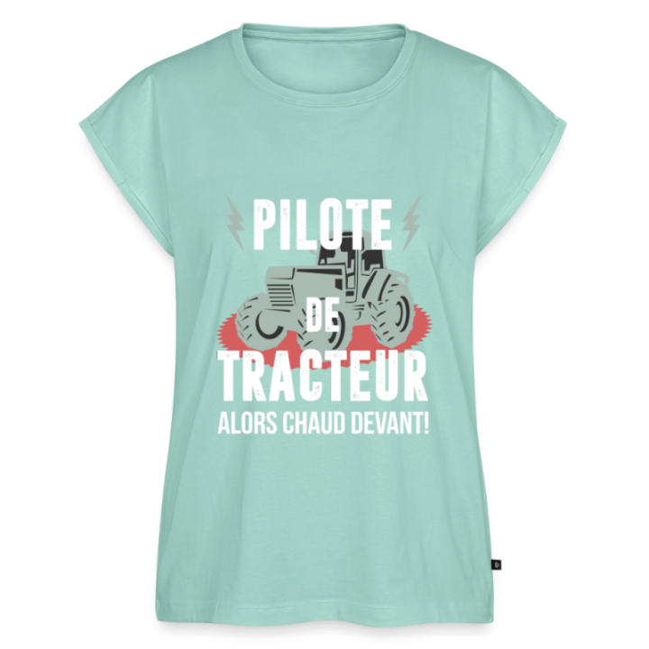 T-shirt à manches retroussées femme - Pilote de tracteur - menthe  - front