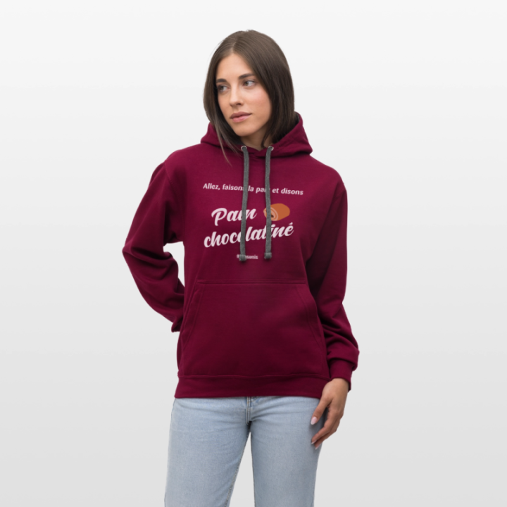 Sweat-shirt à capuche contrasté unisexe - Pain au chocolat Vs Chocolatine - bordeaux/anthracite - front