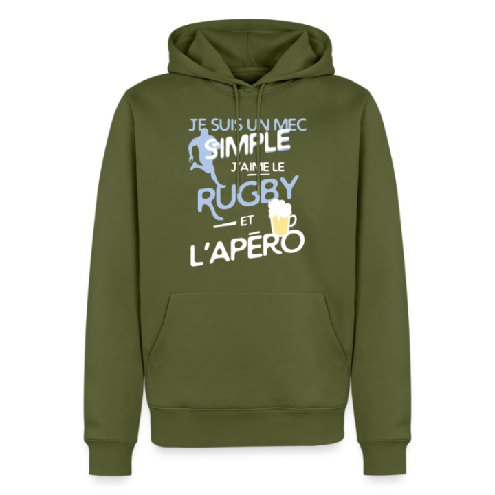 Sweat-shirt à capuche premium homme - Un mec simple: Rugby et apéro - kaki - front