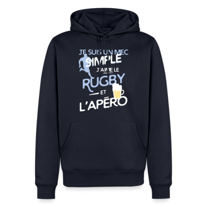 Sweat-shirt à capuche premium homme - Un mec simple: Rugby et apéro - bleu marine - front