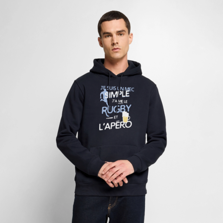 Sweat-shirt à capuche premium homme - Un mec simple: Rugby et apéro - bleu marine - front
