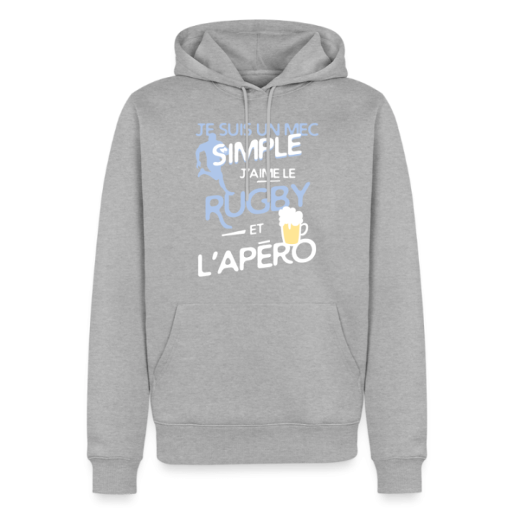 Sweat-shirt à capuche premium homme - Un mec simple: Rugby et apéro - gris chiné - front