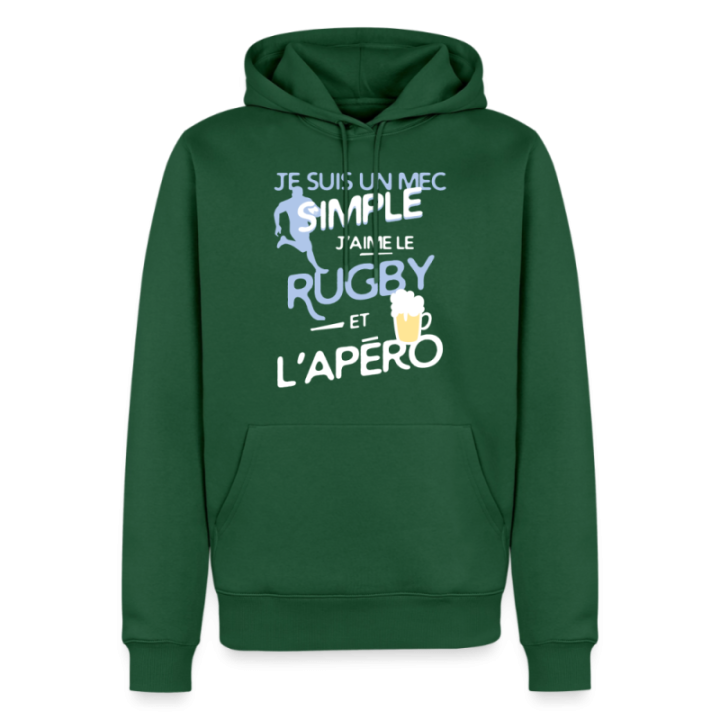 Sweat-shirt à capuche premium homme - Un mec simple: Rugby et apéro - vert bouteille - front