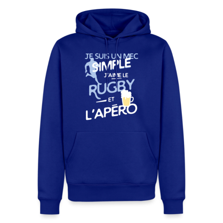 Sweat-shirt à capuche premium homme - Un mec simple: Rugby et apéro - bleu roi - front
