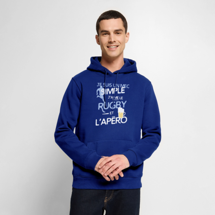 Sweat-shirt à capuche premium homme - Un mec simple: Rugby et apéro - bleu roi - front
