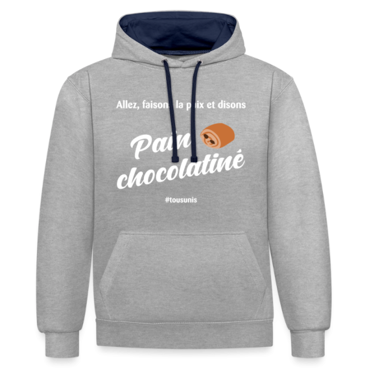 Sweat-shirt à capuche contrasté unisexe - Pain au chocolat Vs Chocolatine - gris chiné/bleu marine - front