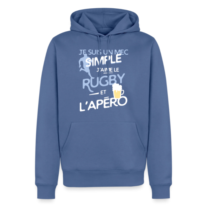 Sweat-shirt à capuche premium homme - Un mec simple: Rugby et apéro - bleu pigeon - front
