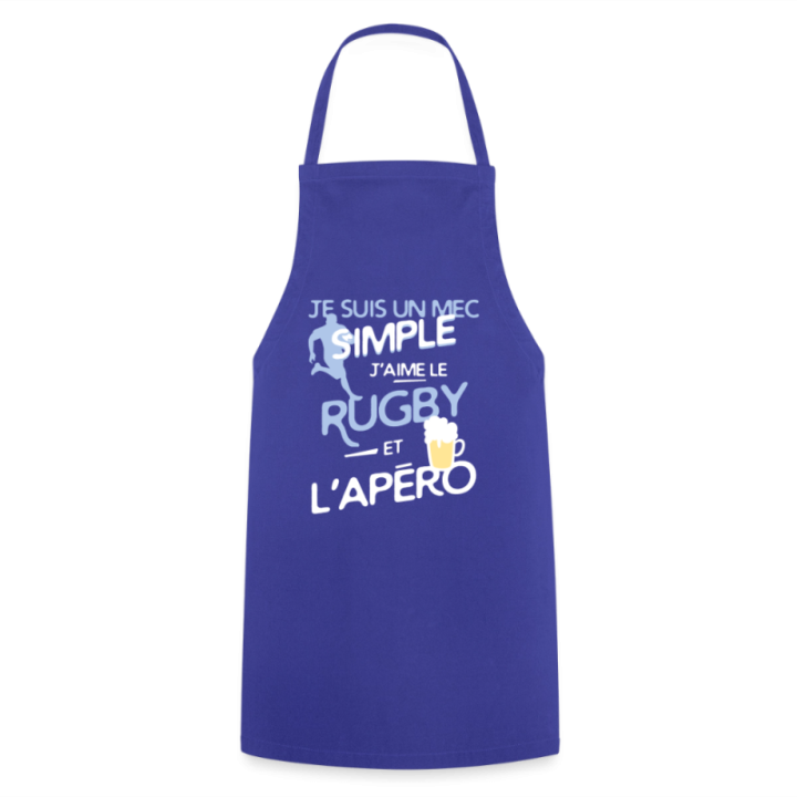 Tablier de cuisine - Un mec simple: Rugby et apéro - bleu royal - front