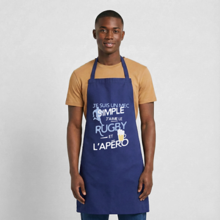 Tablier de cuisine - Un mec simple: Rugby et apéro - bleu royal - front