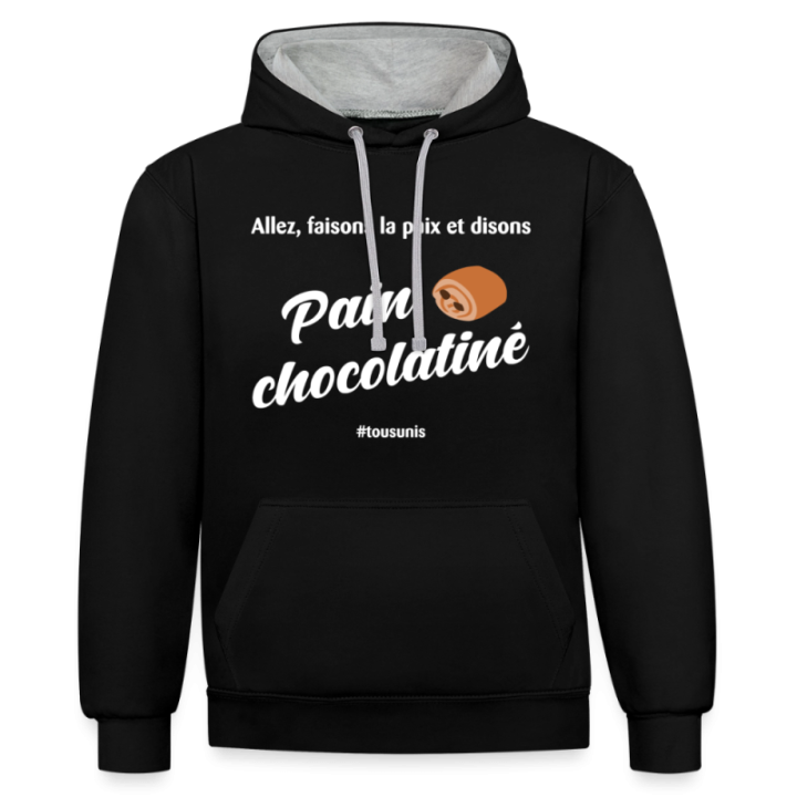 Sweat-shirt à capuche contrasté unisexe - Pain au chocolat Vs Chocolatine - noir/gris chiné - front