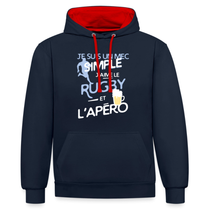 Sweat-shirt à capuche contrasté unisexe - Un mec simple: Rugby et apéro - bleu marine/rouge - front