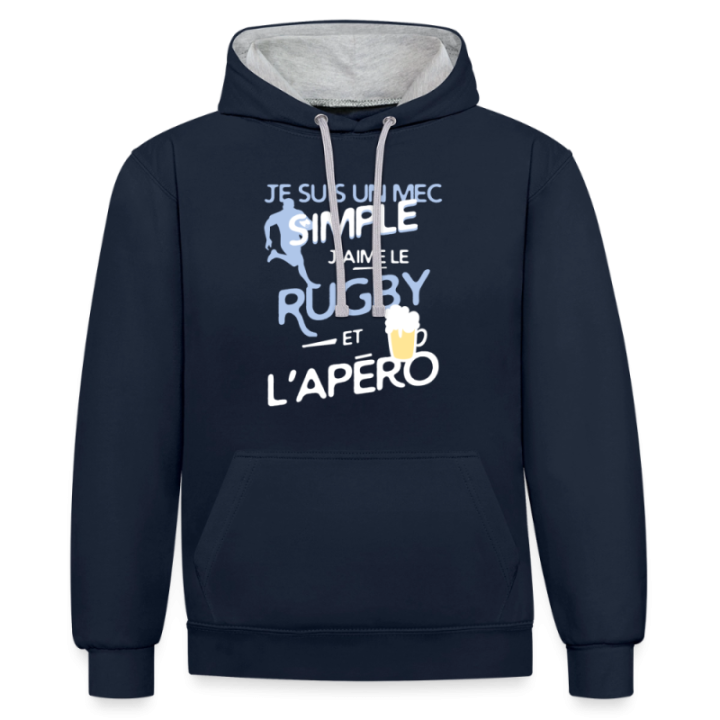 Sweat-shirt à capuche contrasté unisexe - Un mec simple: Rugby et apéro - bleu marine/gris chiné - front