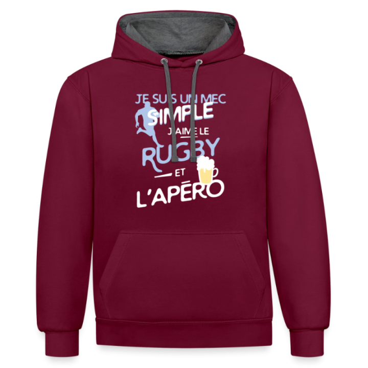 Sweat-shirt à capuche contrasté unisexe - Un mec simple: Rugby et apéro - bordeaux/anthracite - front