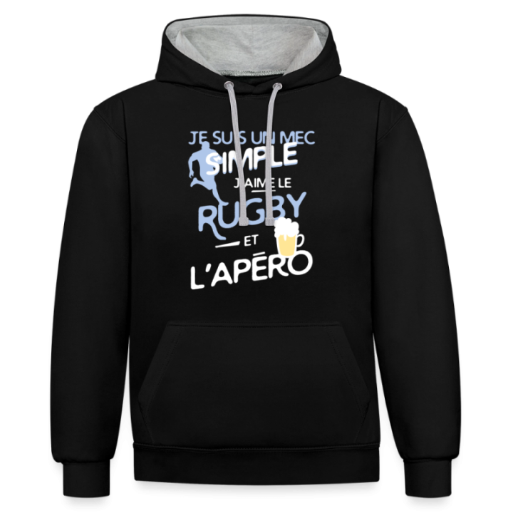 Sweat-shirt à capuche contrasté unisexe - Un mec simple: Rugby et apéro - noir/gris chiné - front